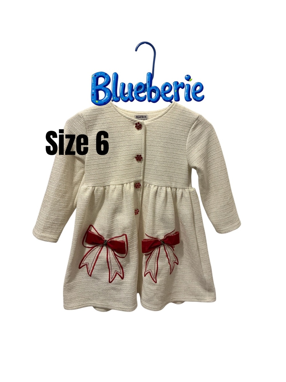 Blueberi Boulevard Cream Knit Dress with Red Bow Accents